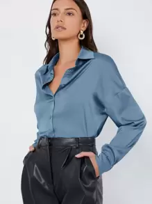 BizChic 單排釦緞面襯衫工作服 - 霧霾藍 - 查看 3