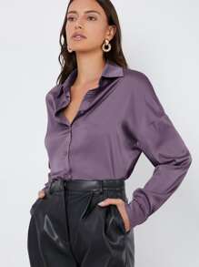 BizChic Single Breasted Satin Blouse Workwear - Purple - View 3