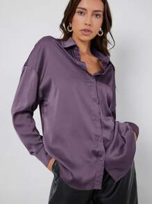 BizChic Single Breasted Satin Blouse Workwear - Purple - View 5