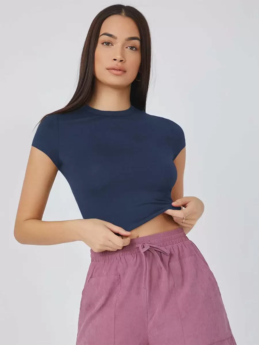SHEIN BASICS Áo crop top tay lửng trơn - Màu xanh hải quân - Xem 1