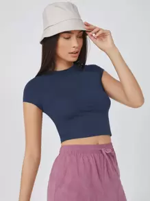 SHEIN BASICS Áo crop top tay lửng trơn - Màu xanh hải quân - Xem 4
