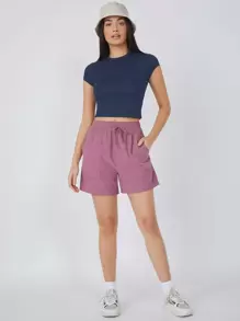 SHEIN BASICS Áo crop top tay lửng trơn - Màu xanh hải quân - Xem 5