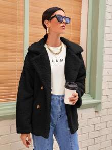 SHEIN Essnce Abrigo teddy unicolor con botones - Negro - Ver 1