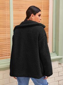 SHEIN Essnce Abrigo teddy unicolor con botones - Negro - Ver 2