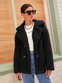 SHEIN Essnce Abrigo teddy unicolor con botones - Negro - Ver 3