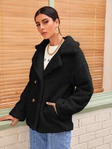 SHEIN Essnce Abrigo teddy unicolor con botones - Negro - Ver 4