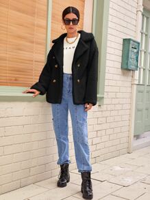 SHEIN Essnce Abrigo teddy unicolor con botones - Negro - Ver 5