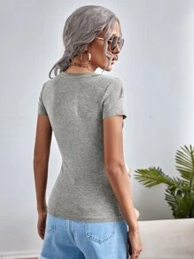 SHEIN Essnce Áo thun nữ màu trơn Cơ bản - Màu Xám nhạt - Xem 2