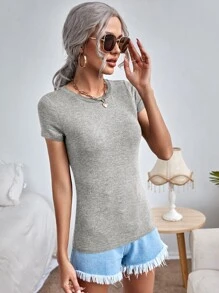 SHEIN Essnce Áo thun nữ màu trơn Cơ bản - Màu Xám nhạt - Xem 3