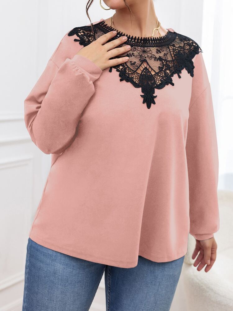 SHEIN LUNE Plus Contrast Guipure Lace Tie Back Tee - Baby Pink - View 6