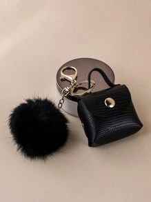 Fashionable And Versatile Bag Charm, Mini Earphone Pouch, Charm Pendant For Women Handbag, Fluffy Pom-Pom Mini Bag Charm Keychain - Black - View 1