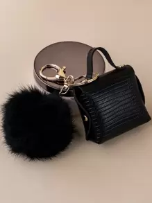 Fashionable And Versatile Bag Charm, Mini Earphone Pouch, Charm Pendant For Women Handbag, Fluffy Pom-Pom Mini Bag Charm Keychain - Black - View 2