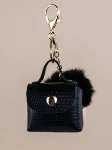 Fashionable And Versatile Bag Charm, Mini Earphone Pouch, Charm Pendant For Women Handbag, Fluffy Pom-Pom Mini Bag Charm Keychain - Black - View 4
