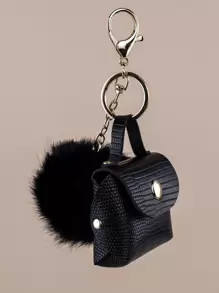 Fashionable And Versatile Bag Charm, Mini Earphone Pouch, Charm Pendant For Women Handbag, Fluffy Pom-Pom Mini Bag Charm Keychain - Black - View 5