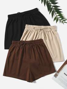 SHEIN EZwear 3 Pcs/Set Plus Size Solid Drawstring Casual Daily Spring Summer Shorts Women Shorts