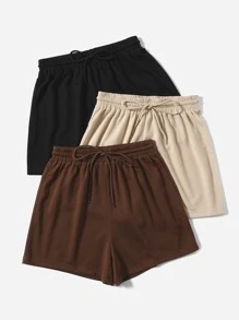 SHEIN EZwear 3 Pcs/Set Plus Size Solid Drawstring Casual Daily Spring Summer Shorts Women Shorts