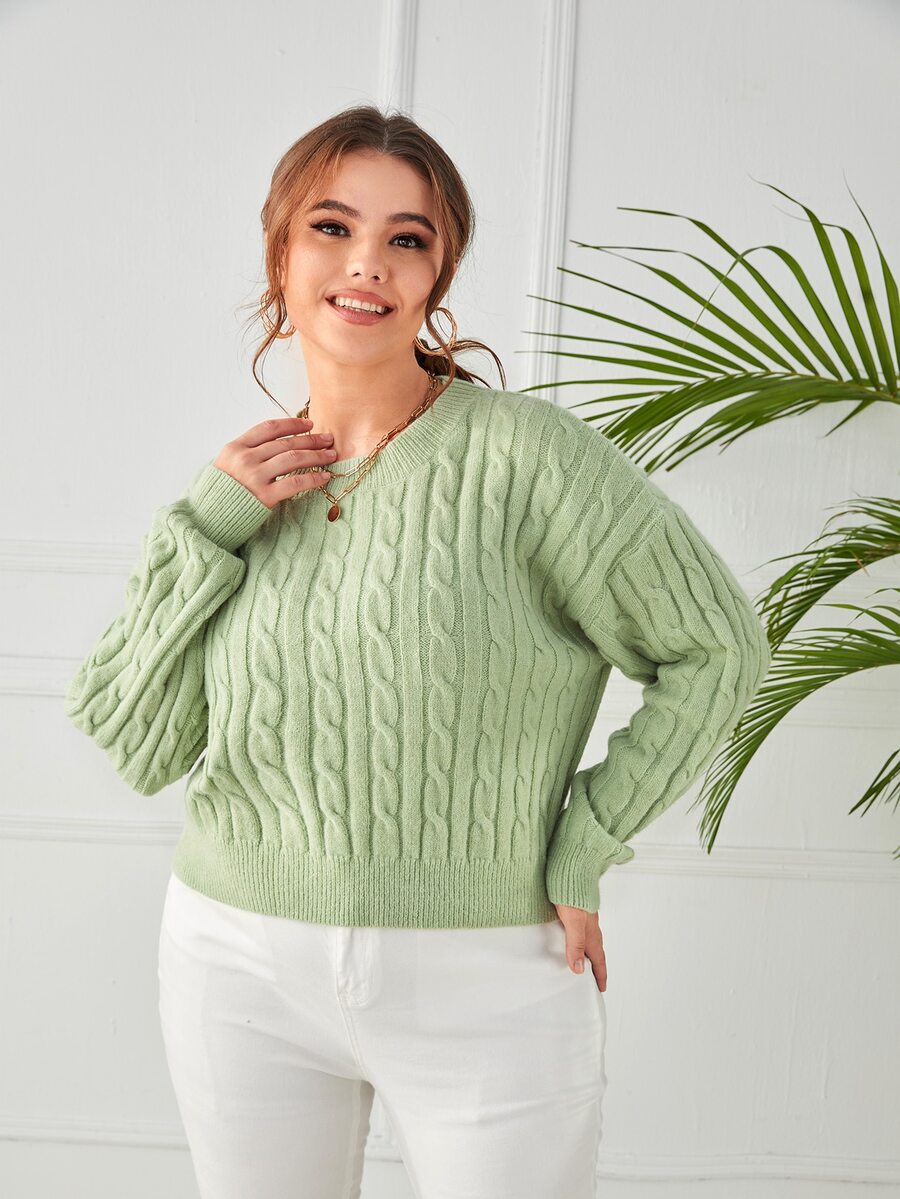 Áo len Plus Size màu trơn Giải trí - Màu xanh Bạc hà - Xem 1