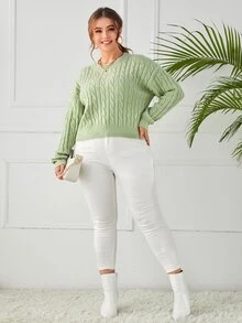 Áo len Plus Size màu trơn Giải trí - Màu xanh Bạc hà - Xem 4