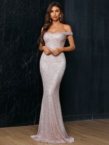 Missord Off Shoulder Mermaid Hem Sequin Dress - Silver - View 6