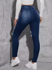 Jeanoix Jeans ajustados desgarro de talle alto - Azul lavado oscuro - Ver 2