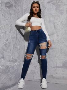 Jeanoix Jeans ajustados desgarro de talle alto - Azul lavado oscuro - Ver 3