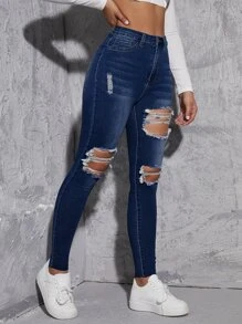 Jeanoix Jeans ajustados desgarro de talle alto - Azul lavado oscuro - Ver 4