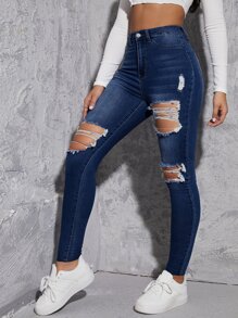 Jeanoix Jeans ajustados desgarro de talle alto - Azul lavado oscuro - Ver 5