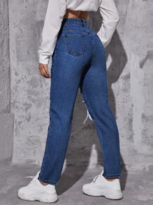 SHEIN EZwear Jeans cónicos de talle alto roto crudo - Azul lavado oscuro - Ver 2