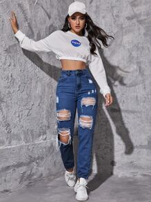 SHEIN EZwear Jeans cónicos de talle alto roto crudo - Azul lavado oscuro - Ver 4