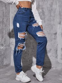 SHEIN EZwear Jeans cónicos de talle alto roto crudo - Azul lavado oscuro - Ver 5