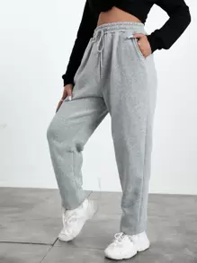 SHEIN Tall Slant Pockets Drawstring Waist Joggers - Light Grey - View 3