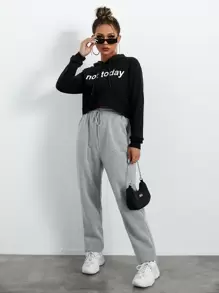 SHEIN Tall Slant Pockets Drawstring Waist Joggers - Light Grey - View 4