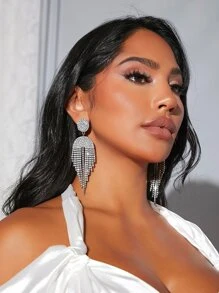 SHEIN SXY 水鑽流蘇耳墜 - 銀色 - 查看 2