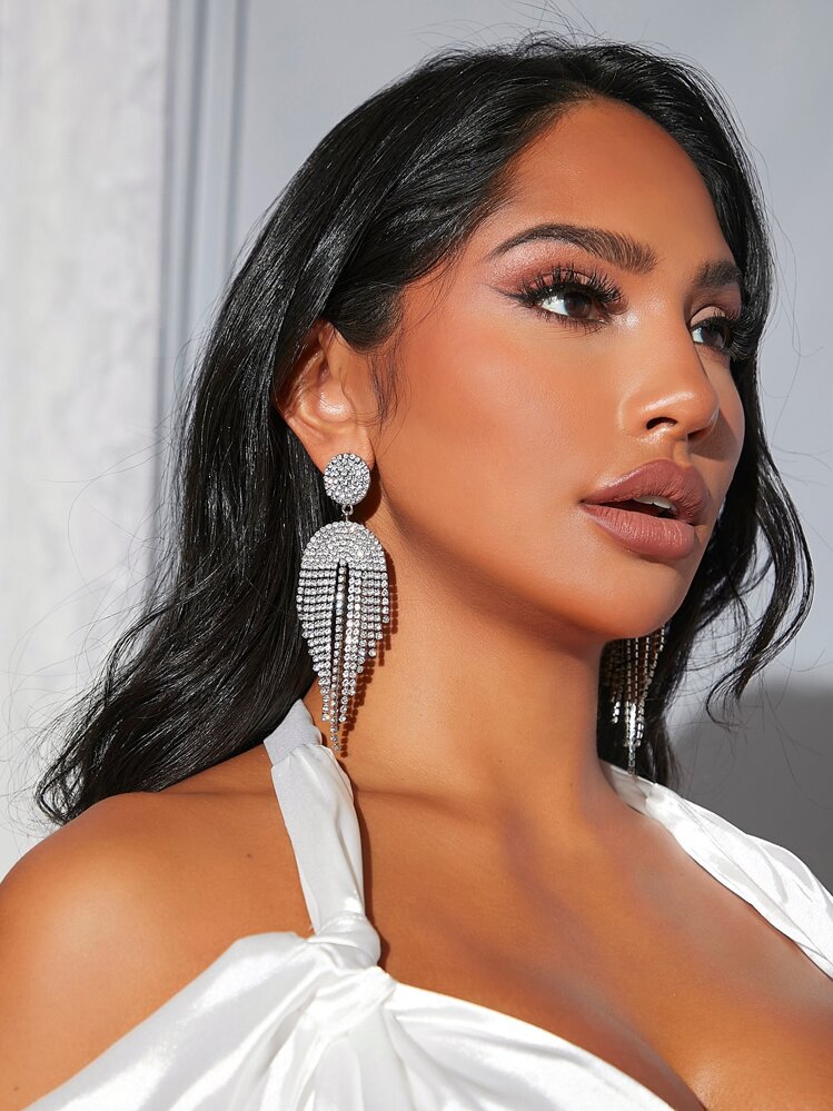 SHEIN SXY 水鑽流蘇耳墜 - 銀色 - 查看 4