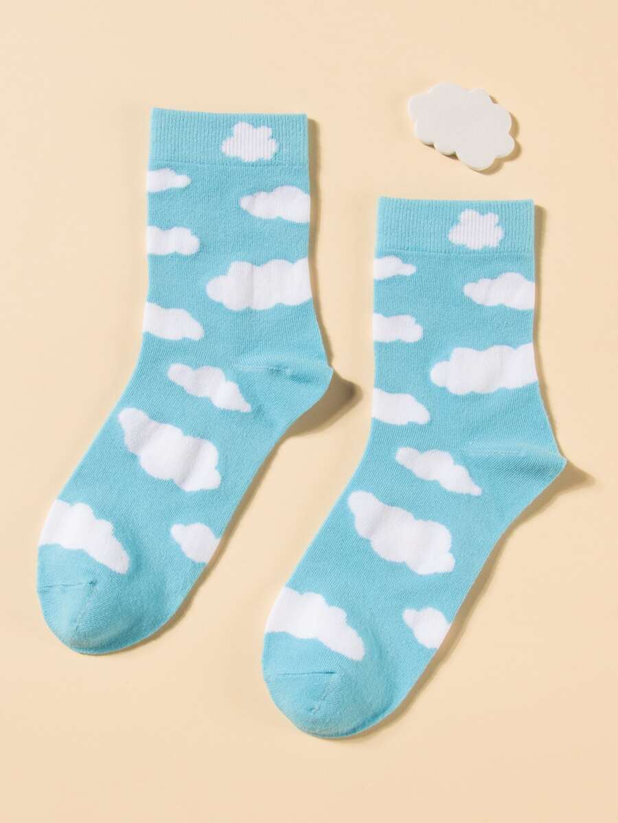 Cloud Print Crew Socks - Blue and White - View 1