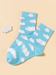Cloud Print Crew Socks - Blue and White - View 2