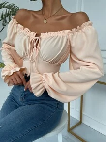 褶邊鐘形袖胸部褶皺女僕風上衣 - 杏色 - 查看 4
