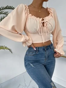 褶邊鐘形袖胸部褶皺女僕風上衣 - 杏色 - 查看 5