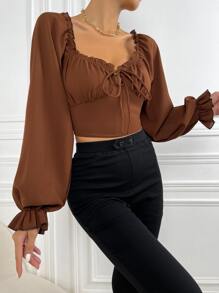 SHEIN Privé Frill Trim Bell Sleeve Ruched Bust Milkmaid Top - Coffee Brown - View 4