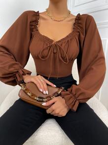 SHEIN Privé Frill Trim Bell Sleeve Ruched Bust Milkmaid Top - Coffee Brown - View 5