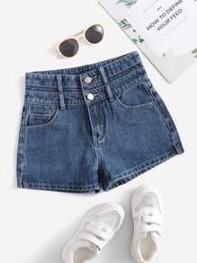 Girls Button Fly Slit Hem Denim Shorts - Medium Wash - View 1