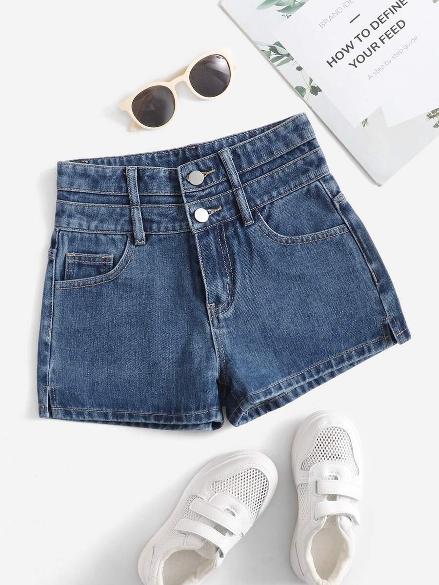 Girls Button Fly Slit Hem Denim Shorts - Medium Wash - View 1