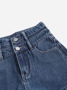 Girls Button Fly Slit Hem Denim Shorts - Medium Wash - View 3