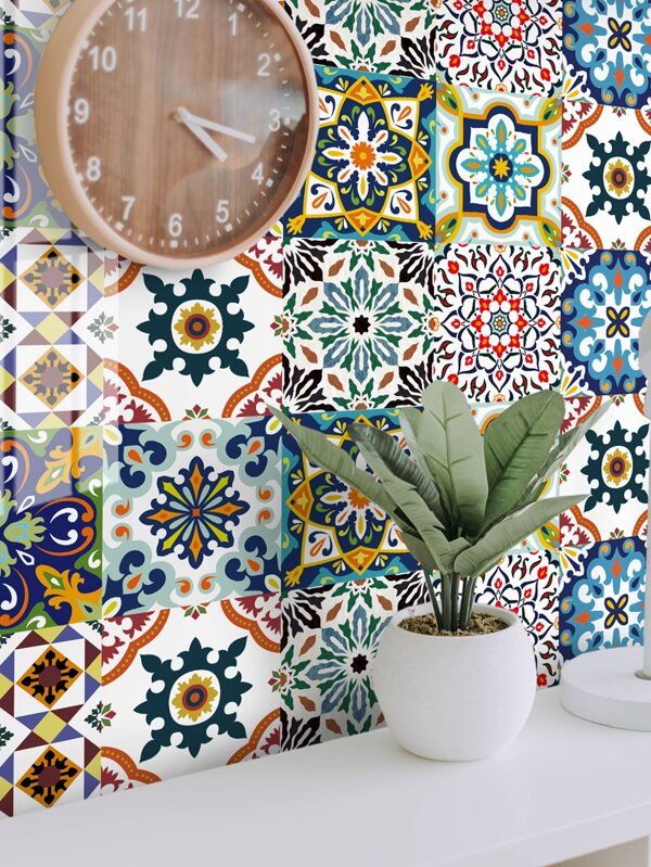 10pcs Vintage Tile Pattern Wall Paper, Waterproof Self Adhesive Wall