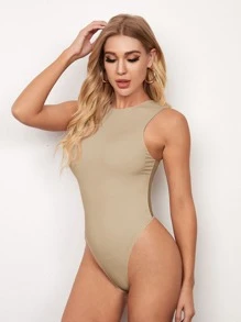 SHEIN Essnce Solid Tank Bodysuit - Khaki - View 3