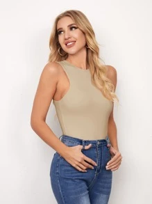 SHEIN Essnce Solid Tank Bodysuit - Khaki - View 4