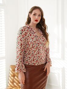Blusa con estampado floral ribete con fruncido de manga con volante - Multicolor - Ver 3