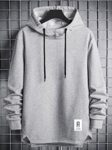 Manfinity Homme Hombres Sudadera con diseño de parche con cordón con capucha bajo asimétrico - Gris - Ver 1