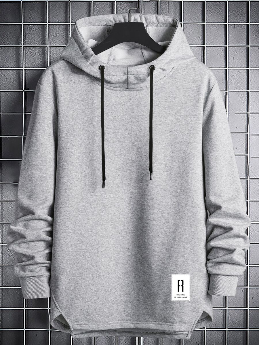 Manfinity Homme Hombres Sudadera con diseño de parche con cordón con capucha bajo asimétrico - Gris - Ver 1