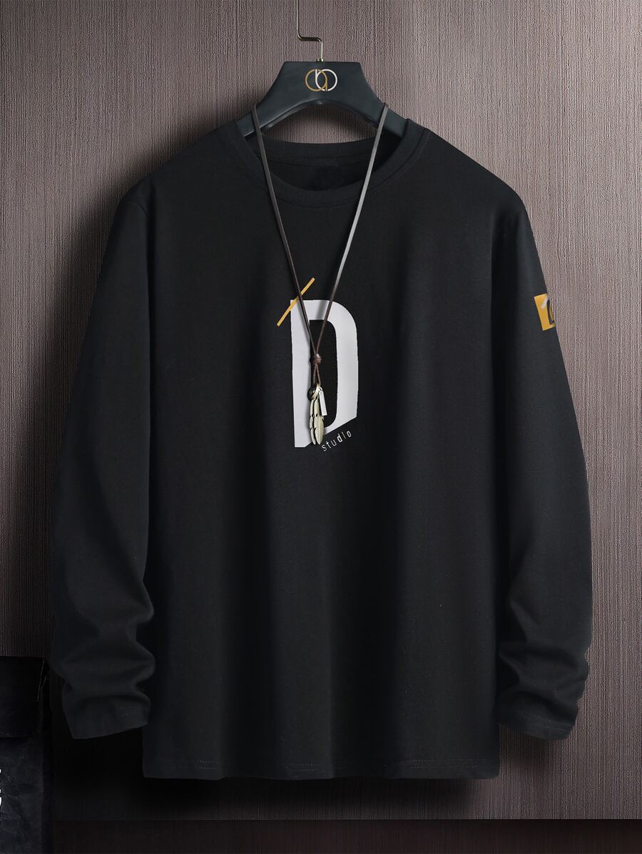 Manfinity 男士字母圖案T恤 - 黑色 - 查看 1